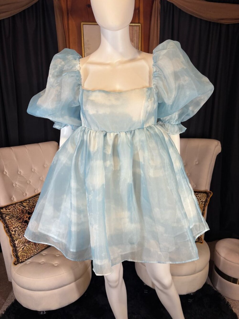 Cloud Print Organza Puff Sleeve Babydoll Dress